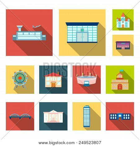 Building And Architecture Flat Icons In Set Collection For Design. Construction And Institution Vect
