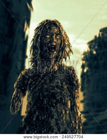 Screaming Zombie Woman Illustration Of Horror. Scary Character For Apocalypse.