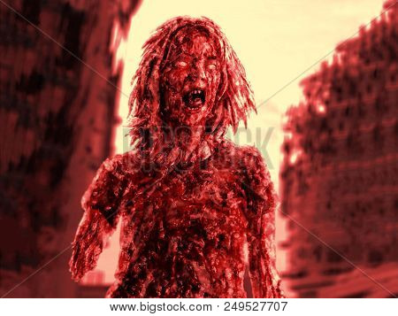 Furious Red Demon Woman Is Bleeding Illustration. Genre Of Horror.
