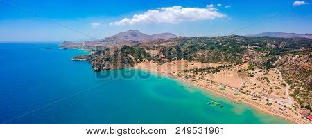 Aerial Birds Eye View Drone Photo Tsambika Beach Near Kolympia On Rhodes Island, Dodecanese, Greece.