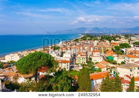 Sea Landscape With Sperlonga, Lazio, Italy. Scenic Resort Town Village With Nice Sand Beach And Clea