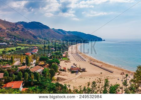 Beach And Sea Landscape With Sperlonga, Lazio, Italy. Scenic Resort Town Village With Nice Sand Beac