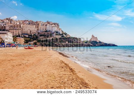 Sea Landscape With Sperlonga, Lazio, Italy. Scenic Resort Town Village With Nice Sand Beach And Clea