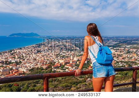 Young Tourist Woman And Sea Landscape With Terracina, Lazio, Italy. Scenic Resort Town Village With 