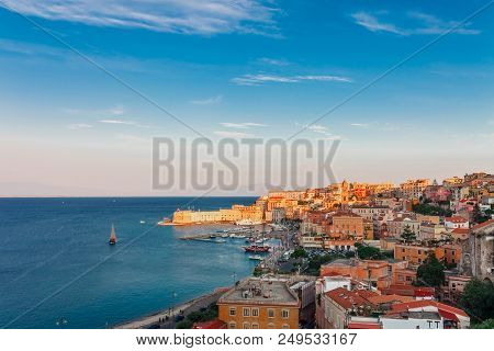 Panoramic Sea Landscape With Gaeta, Lazio, Italy. Scenic Historical Town With Old Buildings, Ancient