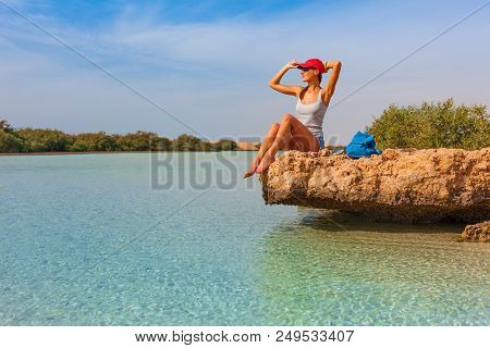 Tourist Woman At The Red Sea Coast And Mangroves In The Ras Mohammed National Park. Famous Travel De