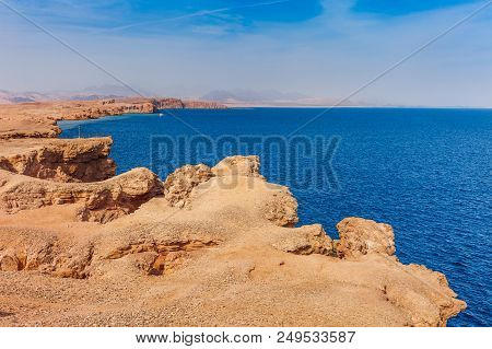 Red Sea Coast Shore In The Ras Mohammed National Park. Famous Travel Destionation In Desert. Sharm E