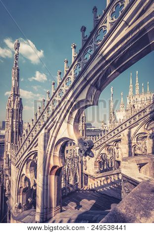 Luxury Decoration Of The Milan Cathedral Roof, Italy. Milan Cathedral Or Duomo Di Milano Is The Main