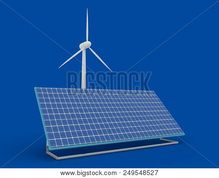 Renewable Energy Concept With Grid Connections Solar Panels And Wind Turbines. 3d Rendered Illustrat
