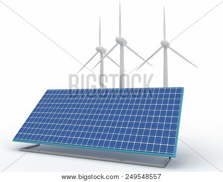 Renewable Energy Concept With Grid Connections Solar Panels And Wind Turbines. 3d Rendered Illustrat