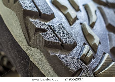 Detail Shot Of Fragmrnt Of New Fashionable Hiking Mountain Boot. Modern Leather Trekking Footware.