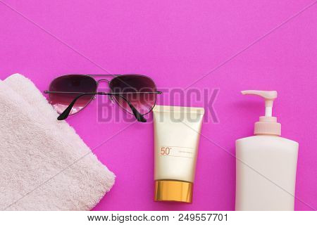 Natural Cosmetics For Skin Face Sunscreen Spf50 And Sunglasses Bath Towel Body Lotion Accessories Of