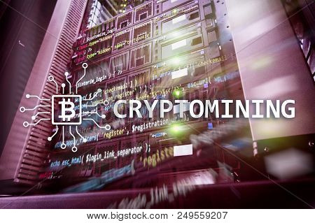 Cryptocurrency Mining Concept On Server Room Background.
