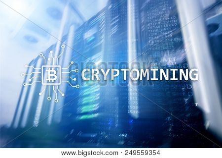 Cryptocurrency Mining Concept On Server Room Background.