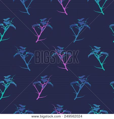 Seamless Pattern With Hand Drawn Herb Branch And Leaf On Dark Background As Fabric, Textile, Clothes