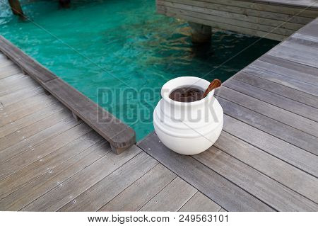 Beautiful Tropical Maldives Island Summer Vacation With White Jar On Wood Floor Villa In Luxury Resp