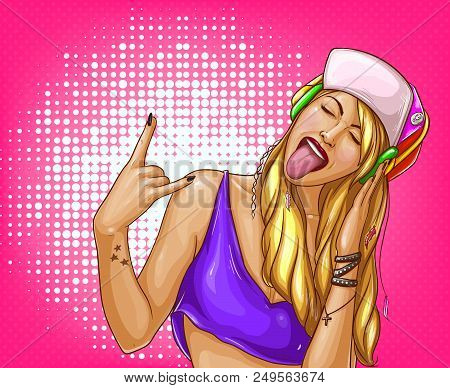 Vector Pop Art Hipster Girl Listens Music In Headphones With Closed Eyes And Open Mouth. Young Blond