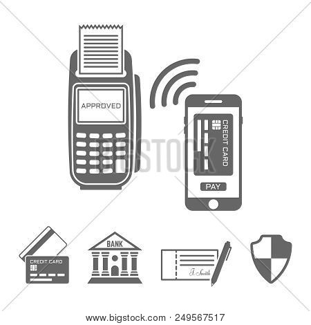 Nfc Paymant, Pos Terminal And Smartphone Vector Black Icons And Design Elements Isolated On White Ba