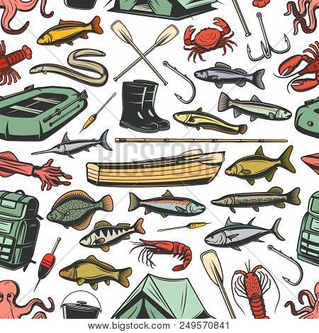 Fishery Gear Equipment, Fishing And Fish Seamless Pattern. Inflatable And Wooden Boats, Rods And Boo