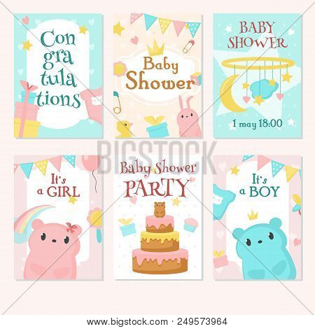 Baby Shower Invitation Greeting Card Template Set. Vector Hand Drawn Illustration Of Cute Animals Bu