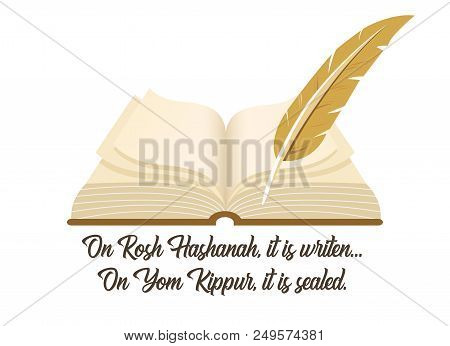 Ancient Book A Symbol Of Jewish Holiday Yom Kipur With A Traditional Phrase.. Vector Illustration