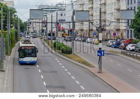 Gdynia, Pomeranian / Poland - 2018: Slaska Street, Trolleybus On The City Transport Route