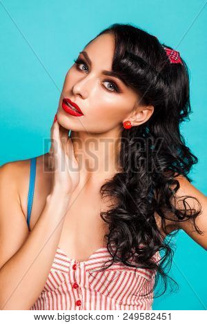 Close-up Studio Portrait Of Fashion Pretty Amazing Beautiful Young Girl, Brunette, Bright Makeup And