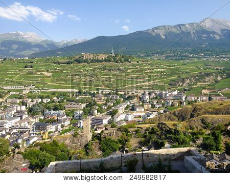 Beautiful View Of Medieval Town Sion And Vineyards, Valais Canton, Switzerland, Europebeautiful View