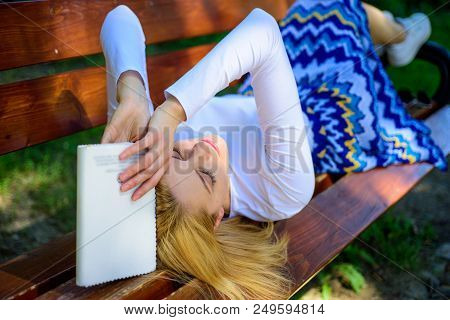 Boring Literature. Prepare For Test. Woman Tired Face Take Break Relaxing In Garden Reading Book. La