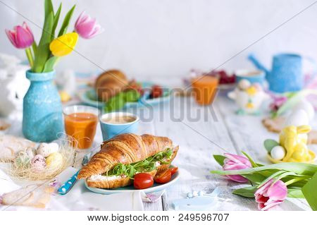 Easter Breakfast Flat Lay With, Bread Toast With Fried Egg And Gre, Colored Quail Eggs And Spring Ho