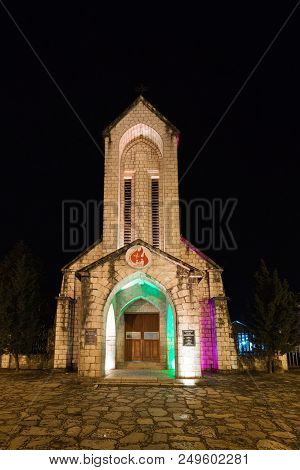 Beautiful Ancient Marble Stone Church Landmark Of Sapa At Night, Sapa Is Most Popular Traveling Dest
