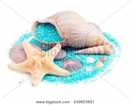 Sea Shells And Sea Stars With Sea-green Sea Salt Isolated On White Background