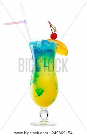Tropical Colorful Cocktail In Special Glass Decorated With Orange Slice And Cherry Isolated On White