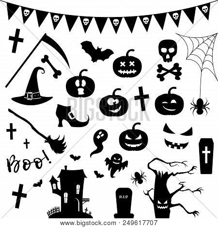 Halloween Silhouette Icon Set With Pumpkin, Chost, Horror Castle, Bat, Tree, Spider Web And Other Ho