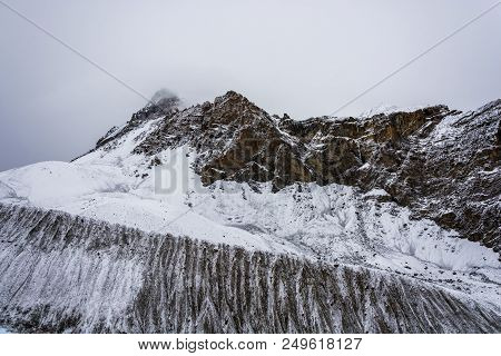 Mountain Landscape On The Snow-covered Thorong La Pass, Nepal.
