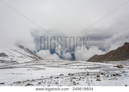Mountain Landscape On The Snow-covered Thorong La Pass, Nepal.