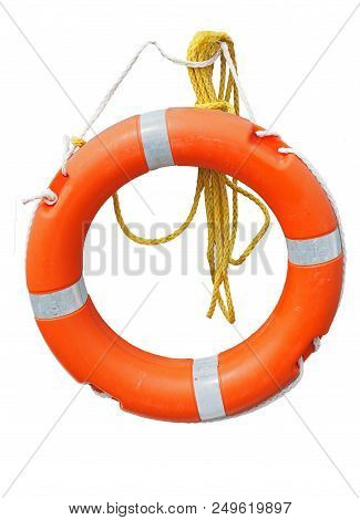Orange Lifebelt Or Life Preserver With Yellow Rope Isolated On A White Background