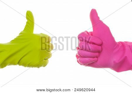 Coloful Hands In Coloful Cleaning Latex Gloves Showing Thumb Up Isolated On White.