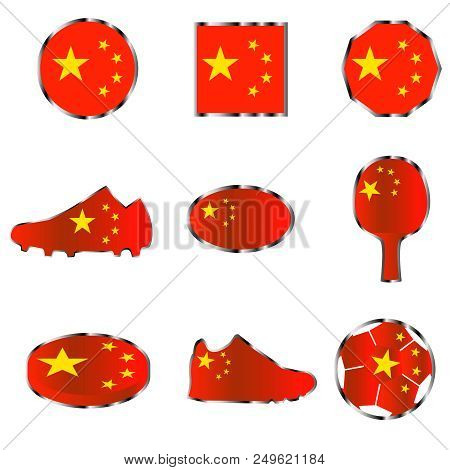 Set Of Different Geometric And Sporting Shapes, Made From The Colors Of The Flag Of China