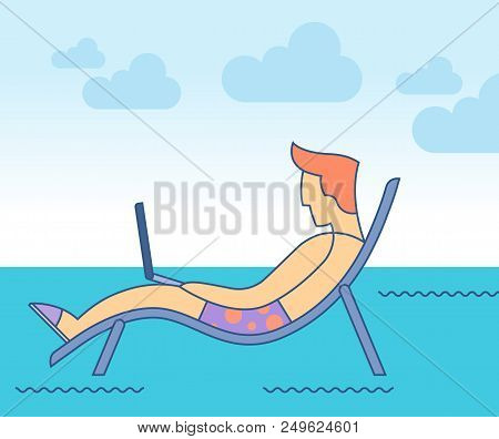 Man With Laptop On Her Lap. Digital Nomad Concept. Vector Illustration.