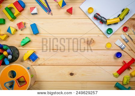 Day Care Concept - Toy And Art Supply, Top View, Copy Space
