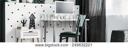 Study Corner With Simple Desk, Mockup Computer And Green Chair Standing In White Room Interior With