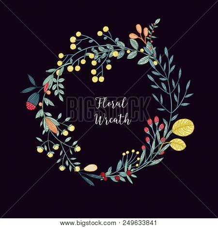 Floral Wreath Hand Drawn Vector Circular Decorative Elements For Your Design. The Set Of Hand Drawn 