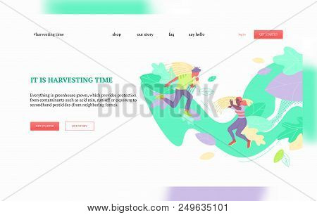 Two People Carrying Sheaves Of Wheat. Harvesting Time Concept. Landing Page Or Web Banner Vector Tem