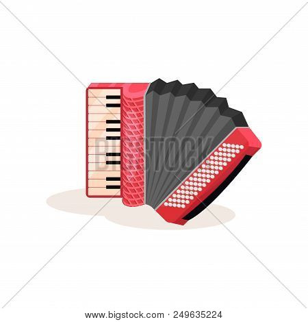 Cartoon Style Icon Of Red Accordion. Portable Musical Instrument With Black And White Keys. Colorful