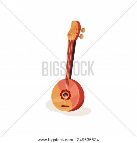Traditional Wooden Domra With Round Body And Three Metal Strings. Folk Stringed Instrument. Graphic 