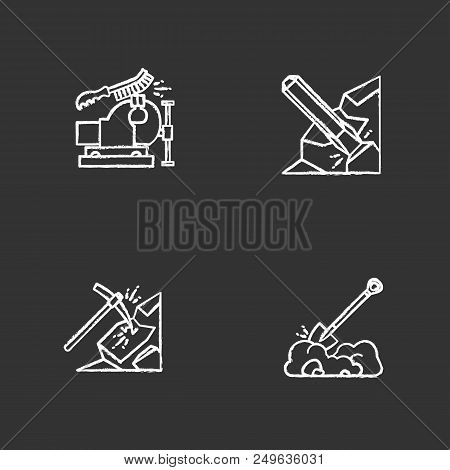 Construction Tools Chalk Icons Set. Bench Vice With Wire Brush, Iron Chisel, Pickaxe, Digging Shovel