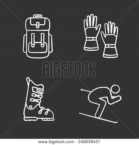 Winter Activities Chalk Icons Set. Backpack, Skiing Gloves And Boots, Skier. Isolated Vector Chalkbo