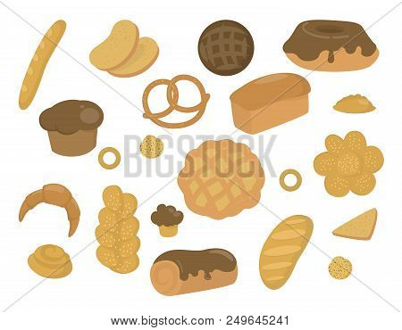 Set Of Fresh Bakery Products. Bread, Cookies, Baguette And Other Baked Goods. Isolated Vector Illust