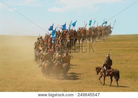 Ulaanbaatar, Mongolia - August 17, 2006: Unidentified Mongolian Horse Riders Take Part In The Tradit